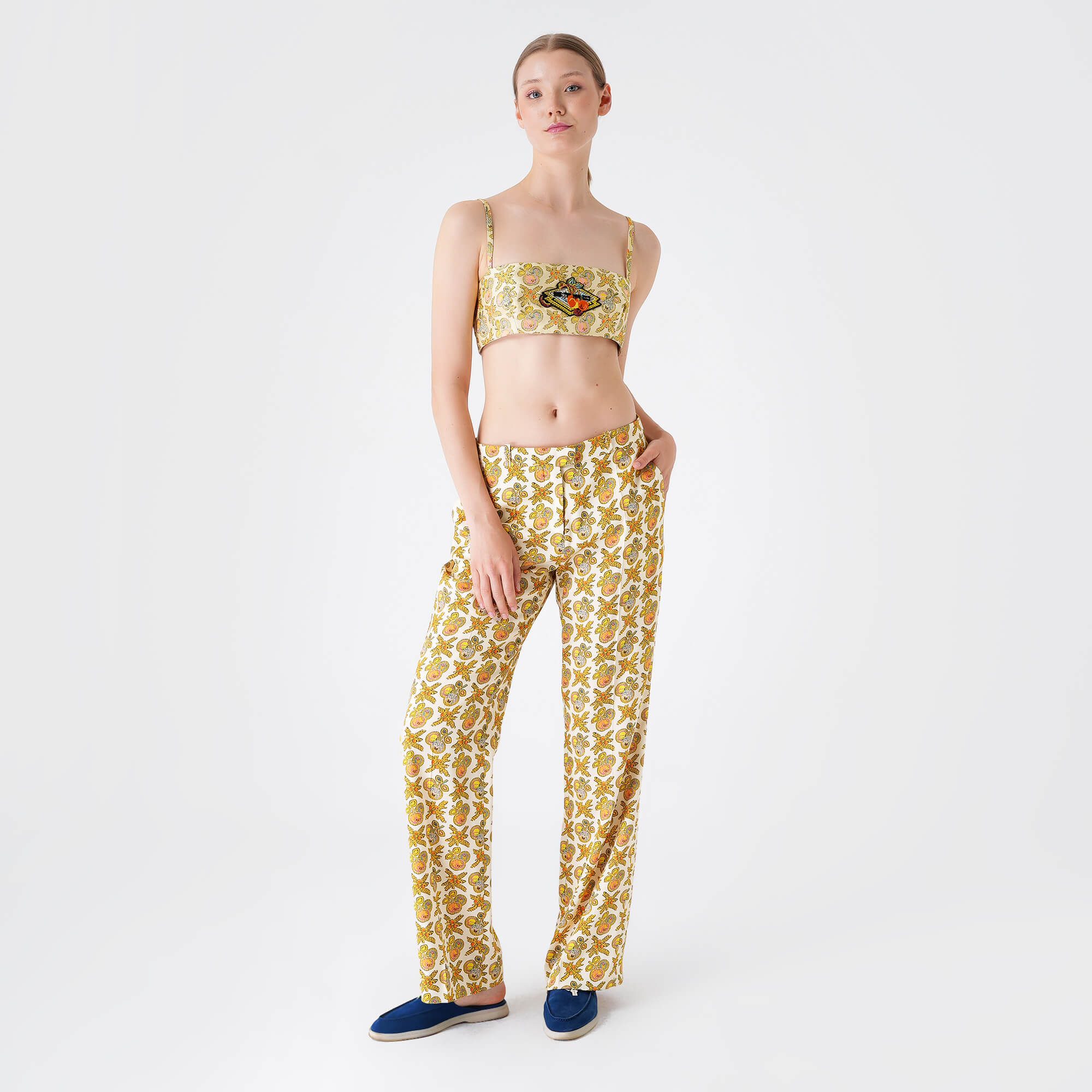 Etro - Yellow&Orange Cherry Floral Print Viscose Flare Pants